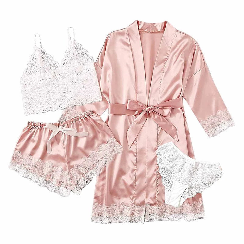 Women's Sexy Lace Satin Pajama Set - 4 Piece Sleepwear Collection Pink / XL