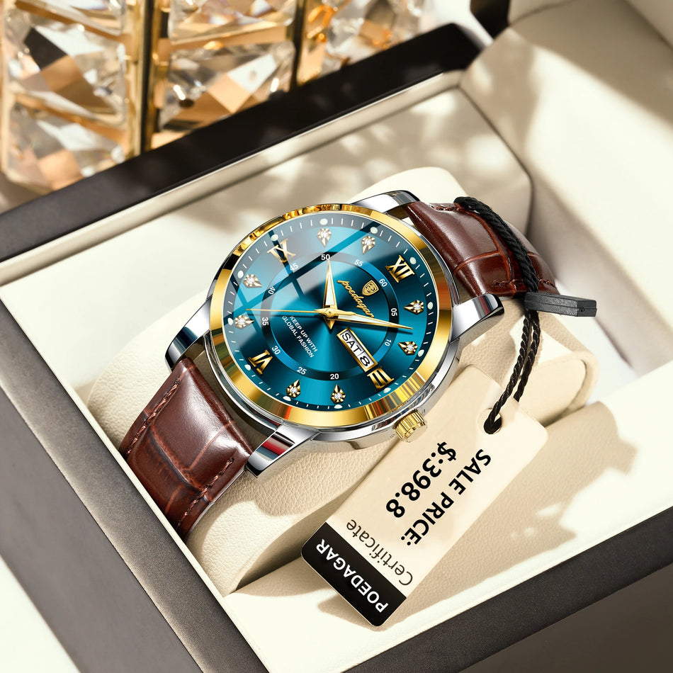 Luxury Men's Quartz Wristwatch, Waterproof Leather Band, Luminous Week Date