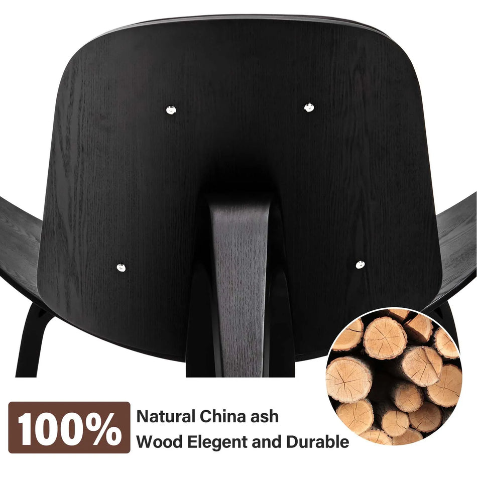 Krzesło muszelkowe na trzech nogach w stylu Wegnera z drewna jesionowego i sklejki czarnej