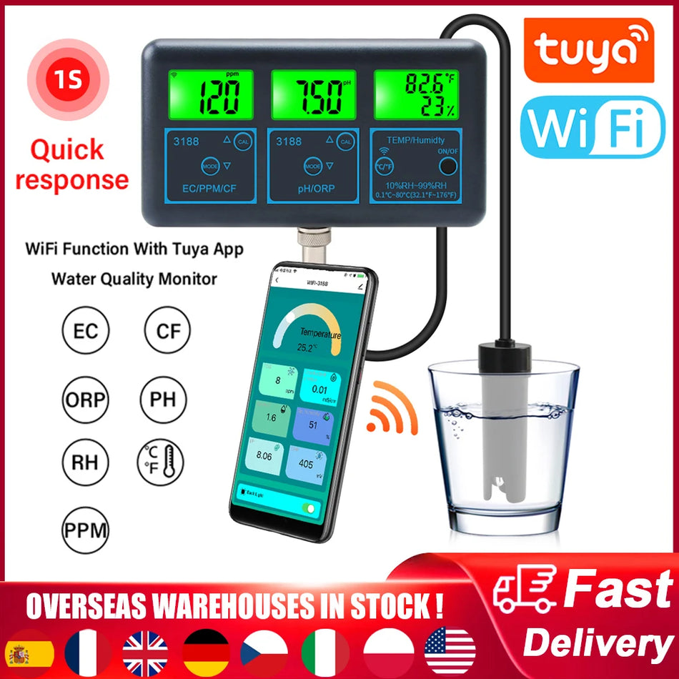 Tuya WiFi 7i1 Vandkvalitetstestere Vandanalysator PH/ORP/EC/PPM/CF/Fugtighed/Temperatur Monitor Vandkvalitetsdetektor PH Meter