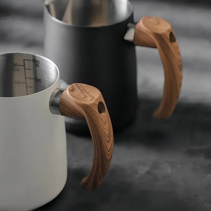 304 Stainless Steel Coffee Milk Frothing Pitcher &ndash; Precise Scale with Wooden Handle