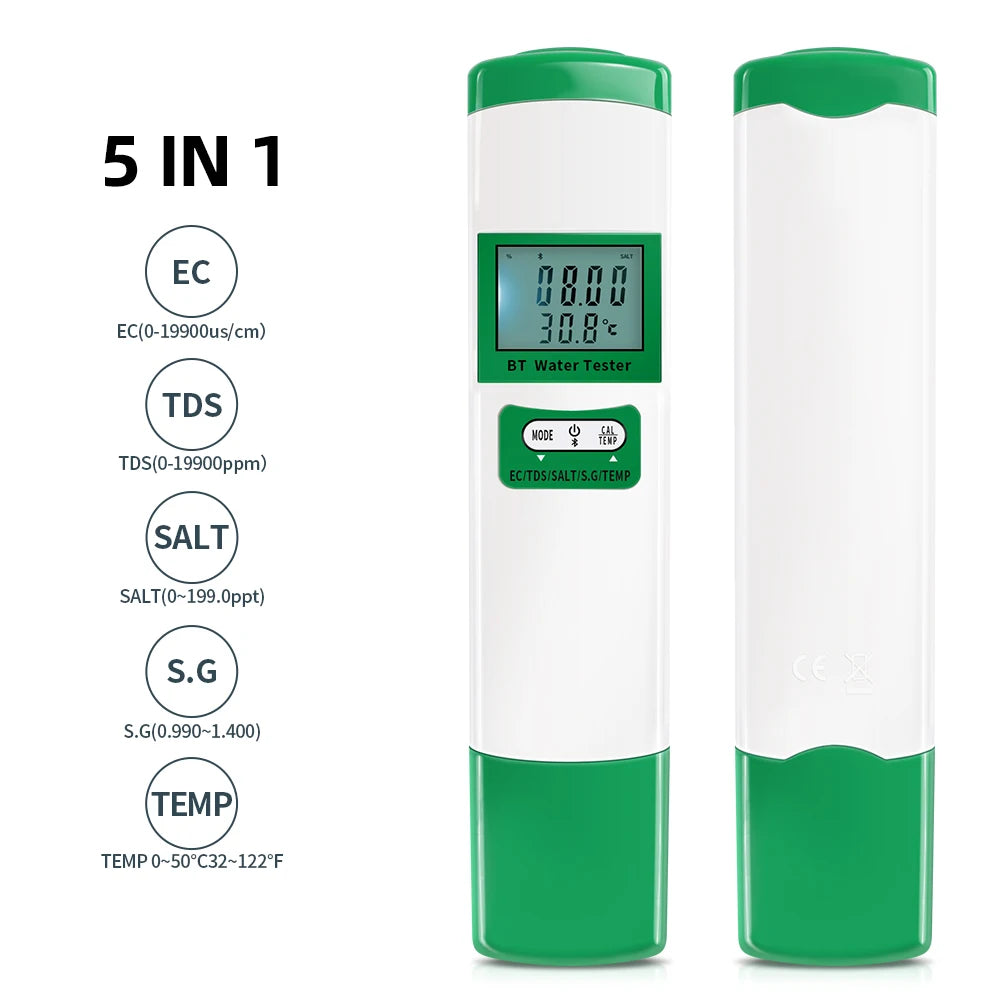 Bluetooth PH Meter 5 In 1 Water Quality Pen &ndash; Fast Readouts EC TDS SALT S.G TEMP