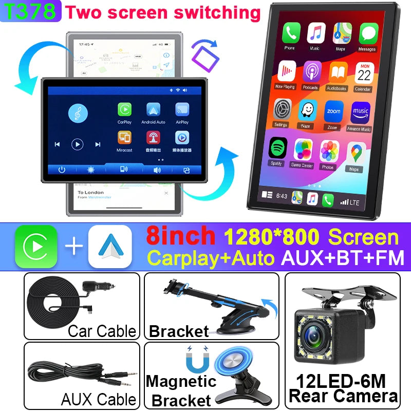 Universal 8 Inch Portable Car Screen - Wireless CarPlay 12 Led-6M