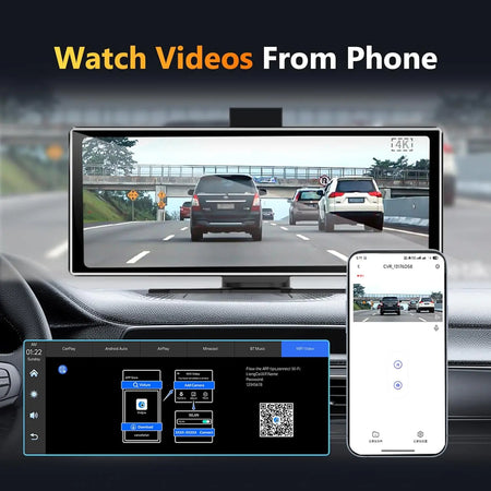 11.26 Inch Dash Cam 4K Car DVR &ndash; Wireless Carplay and Android Auto with Dual Lens and GPS Navigation