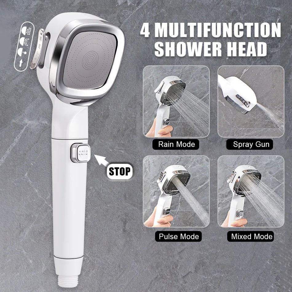 High Pressure Shower Head with Switch, Water Saving, 4 Modes, Stainless Steel