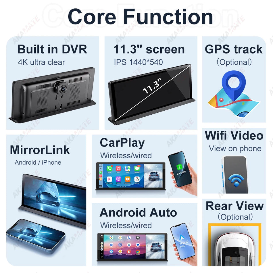 AKAMATE 11.3Inch DVR Car Dashcam &ndash; Wireless CarPlay