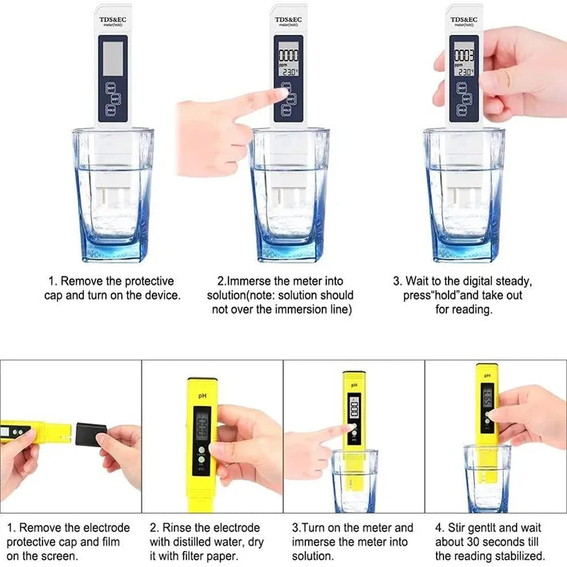 Digital pH and TDS Meter with Automatic Calibration, 0-14 pH, 0-9990 PPM
