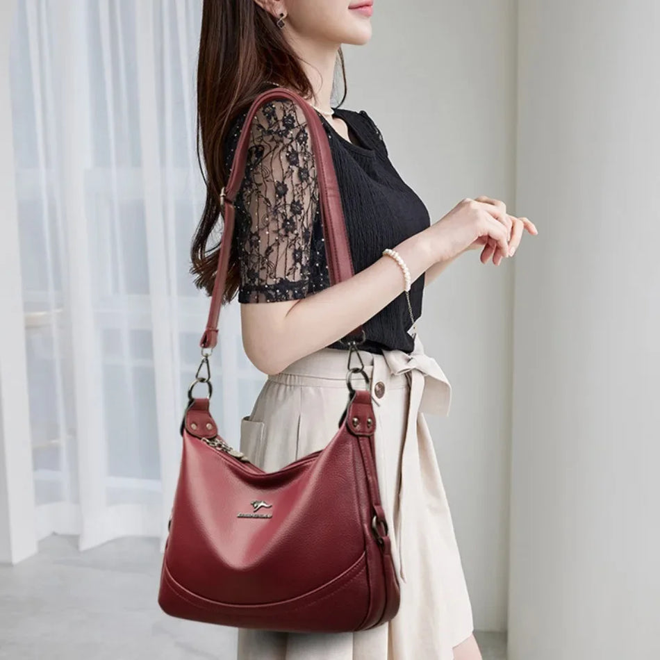 Borsa a spalla da donna in pelle morbida con borsa a tracolla, borsa tote tinta unita per lavoro e viaggio