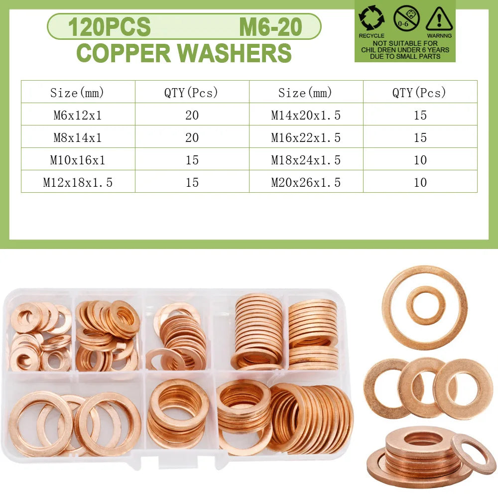 Copper Sealing O-ring Gasket Kit for Boat and Motorcycle M6-M20  120Pcs