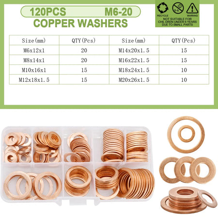 Copper Sealing O-ring Gasket Kit for Boat and Motorcycle M6-M20  120Pcs