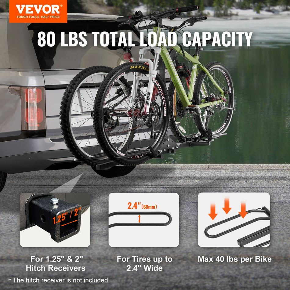 VEVOR 2-Bike Hitch Rack For 1.25 To 2 Inch Receivers 80 Lbs