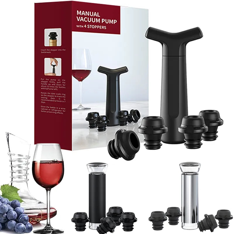 🟠 Vacuum Wine Soppers Vacuum Pump Manual Manual Wine Stoppers с 4 многоразовыми бутылочными запорами