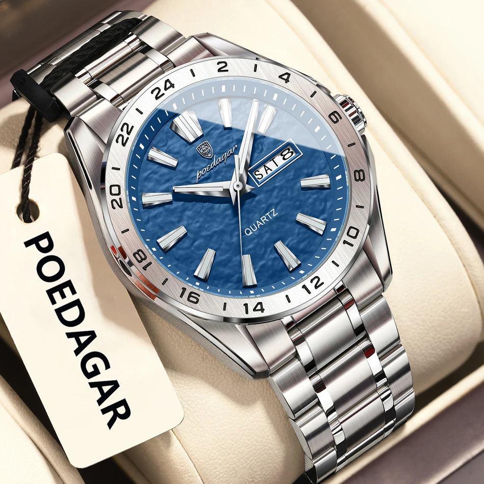 POEDAGAR Stainless Steel Men's Wristwatch, Waterproof, Luminous, Date, Quartz
