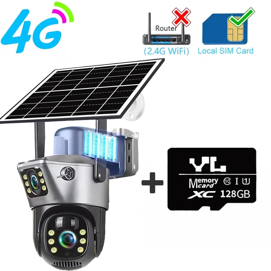 8MP 4K Solar Camera Dual Lens HD Night Vision Safety Protection Built-in Battery PTZ Surveillance 4G Camera Security CCTV 4G Cam Add 128G Card