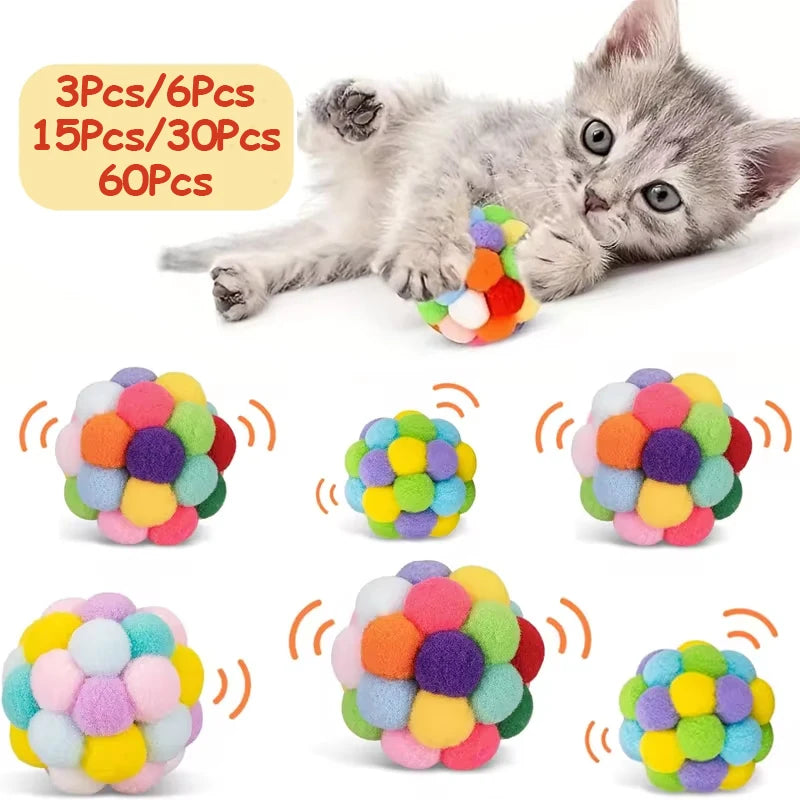 Interactive Cat Toy Balls with Bells - 3/60pcs Colorful, Eco-Friendly Plush Pom Poms for Indoor Cats and Kittens