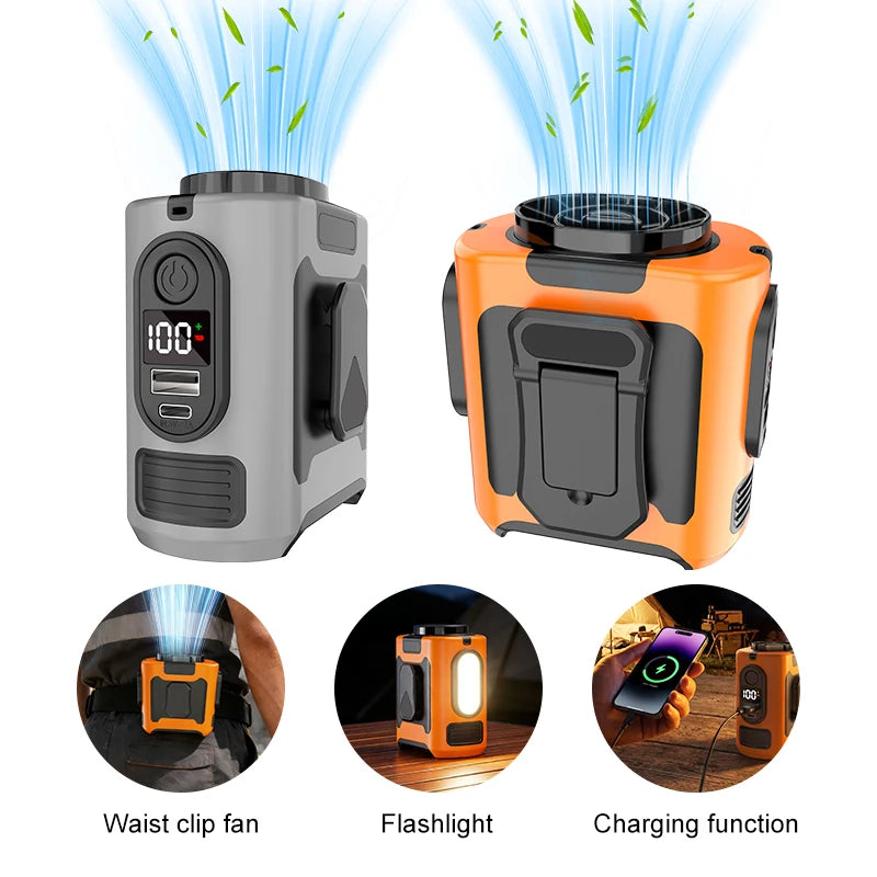 15000mAh Portable Neck and Waist Fan, 5 Speeds, LED Light for Outdoor Work