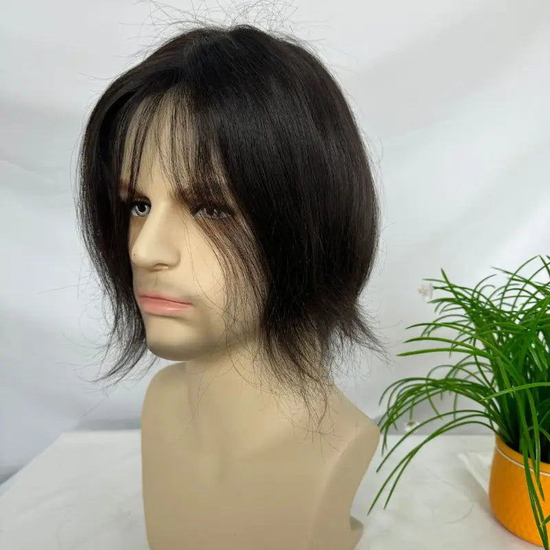 PWIGS Mono Base PU Men's Toupee - 100% Indian Remy Hair, Natural Black 8x6 Inch 1b# / 130% / 9 inches|6x8