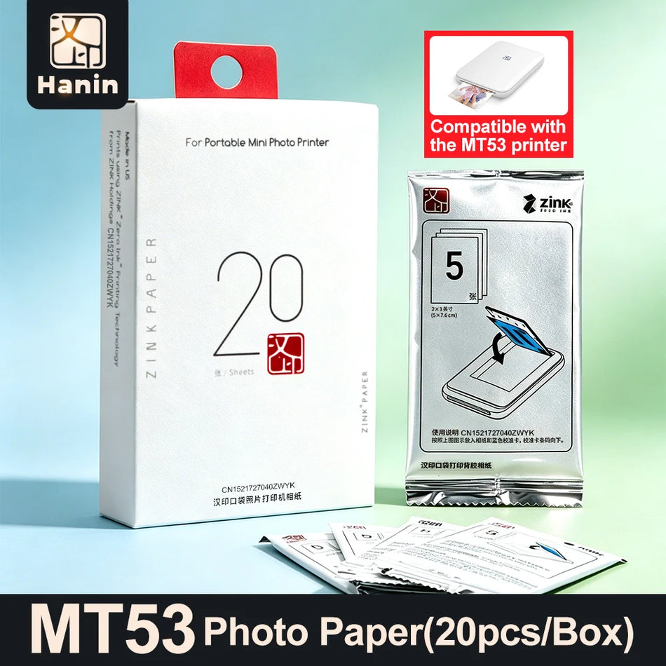 20 Lapas Zink Krāsas Fotopapīrs 2x3 Līmlapiņas HPRT MT53 Kabatas Printerim