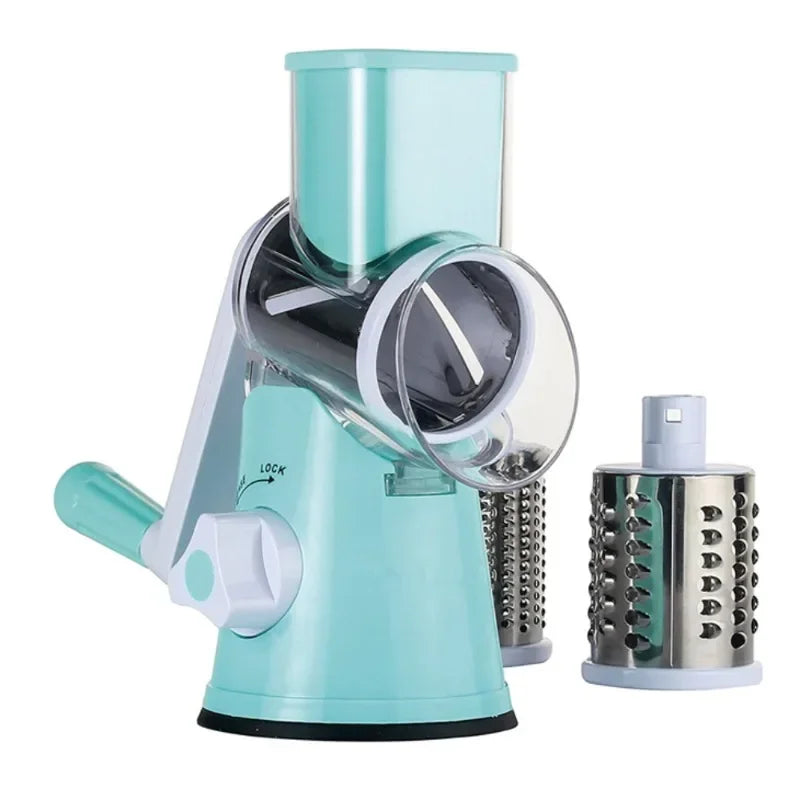 Manual Vegetable Cutter &amp; Slicer - Multifunctional Cheese &amp; Garlic Shredder with 3 Sharp Drums Blue