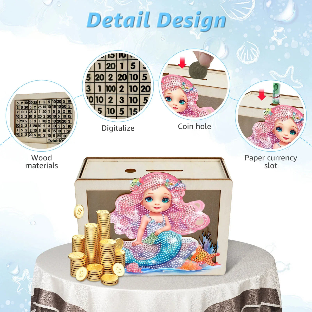 DIY Mermaid/Unicorn Wooden Piggy Bank with Diamond Painting &amp; Savings Goals