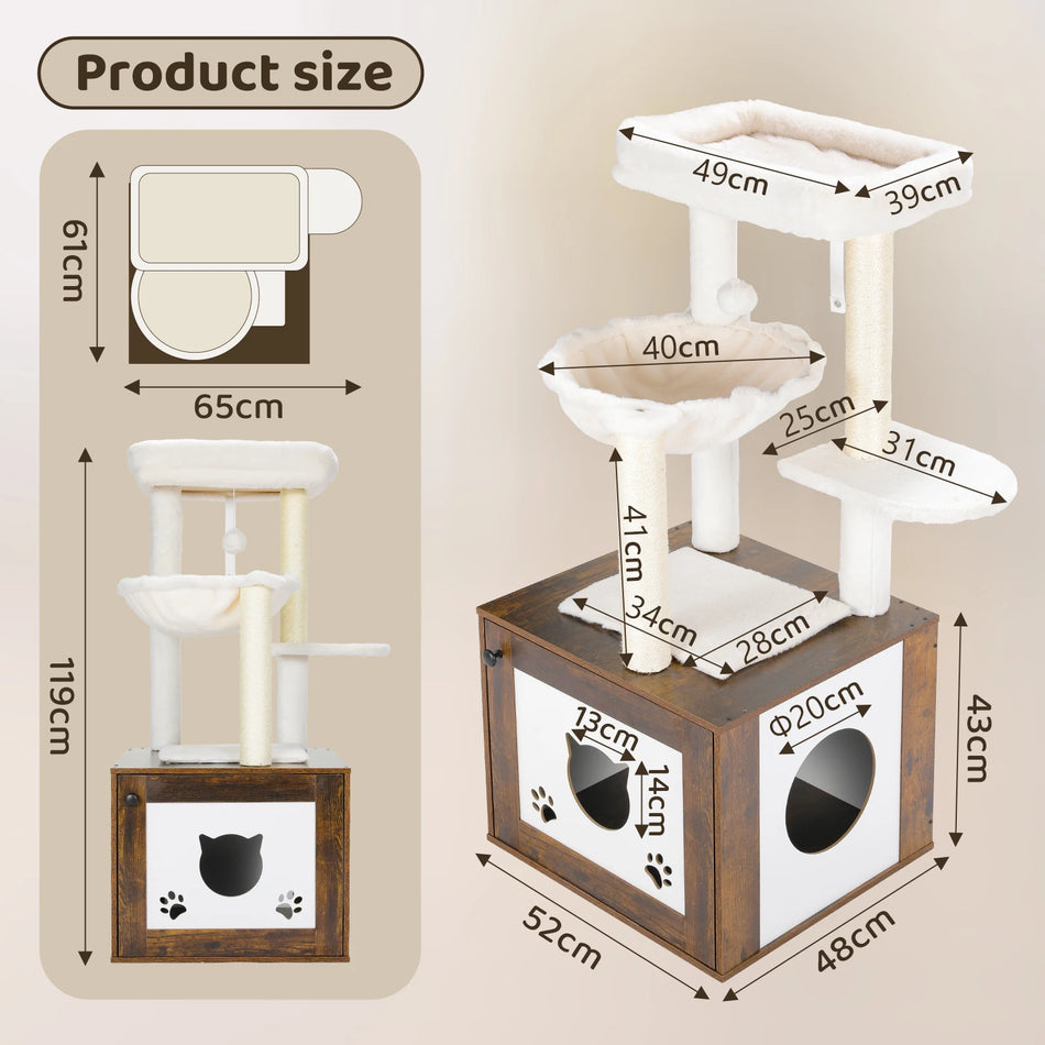 Árbol para gatos de madera con gabinete oculto para caja de arena 117cm