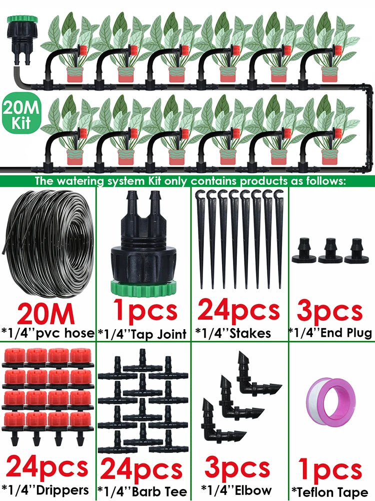 KESLA 1/4'' Drip Irrigation Kit for Efficient Garden and Greenhouse Watering 20Meters-24Drippers
