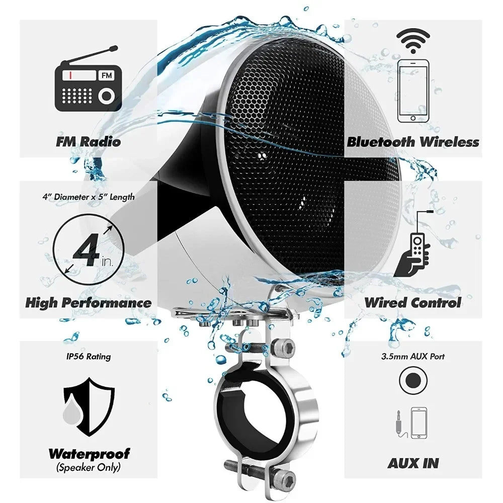 150W Motorcycle Audio System, Waterproof Bluetooth Speakers, 2-Channel Amp