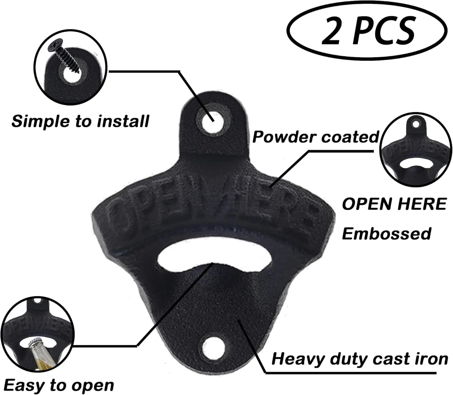 Wall Mounted Beer Opener Cast Iron Black 2Pack &ndash; Heavy Duty