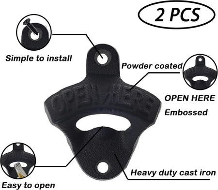 Wall Mounted Beer Opener Cast Iron Black 2Pack &ndash; Heavy Duty