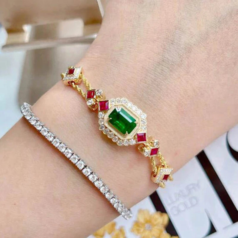Geometric Synthetic Emerald Gemstone Bracelet for Women