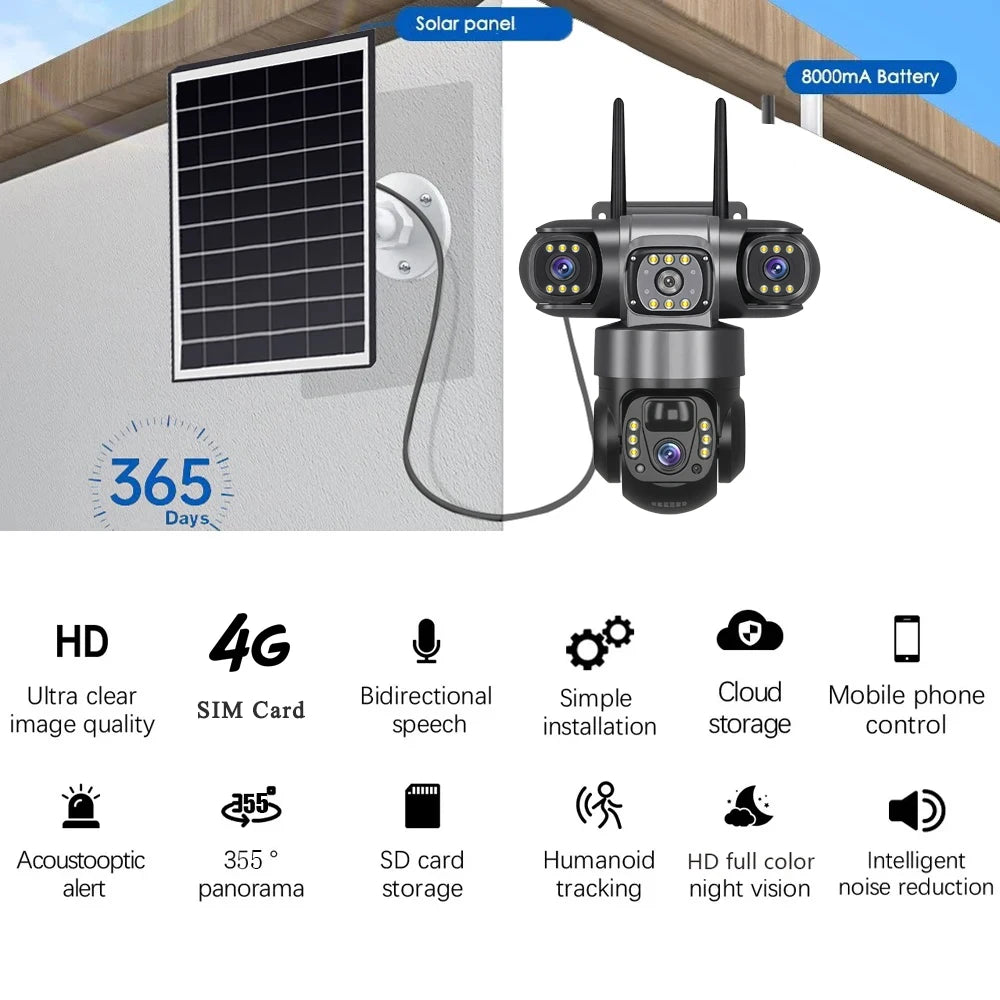V380 Pro 3 Lens 4G IP Solar Camera HD 15 MP Outdoor Waterproof CCTV Night Vision Two-Way Audio Camera Mobile Tracking IP Camera