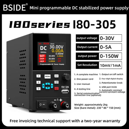 BSIDE DC Regulated Power Supply &ndash; Programmable Color Screen 30V 5A-EU Plug-220V / CHINA