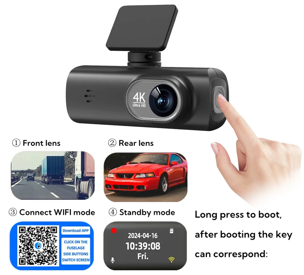 UHD 4K Dash Cam Dual Lens &ndash; Built-In WiFi and GPS for 24-Hour Parking Monitoring