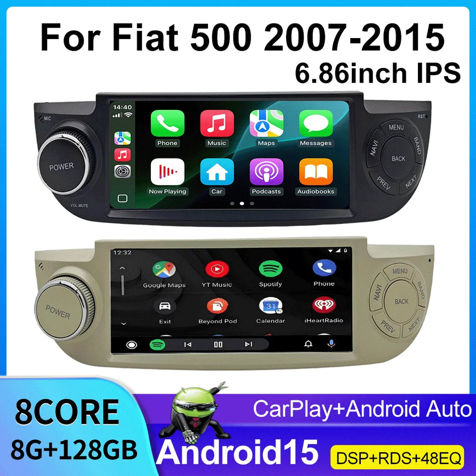 Android 15 Radio Samochodowe do Fiata 500 (2007-2015) 6.86 Calowy Ekran Dotykowy Bezprzewodowy CarPlay Nawigacja GPS WiFi Bluetooth