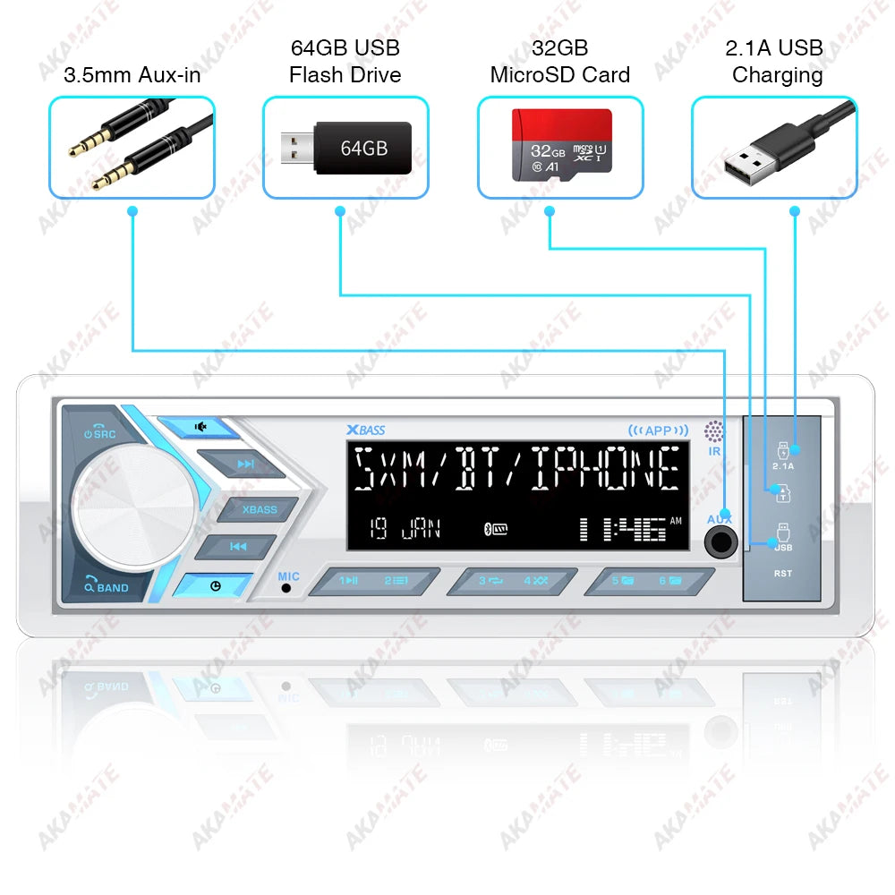 AKAMATE 1Din Boat Radio - Bluetooth USB AUX Marine Stereo
