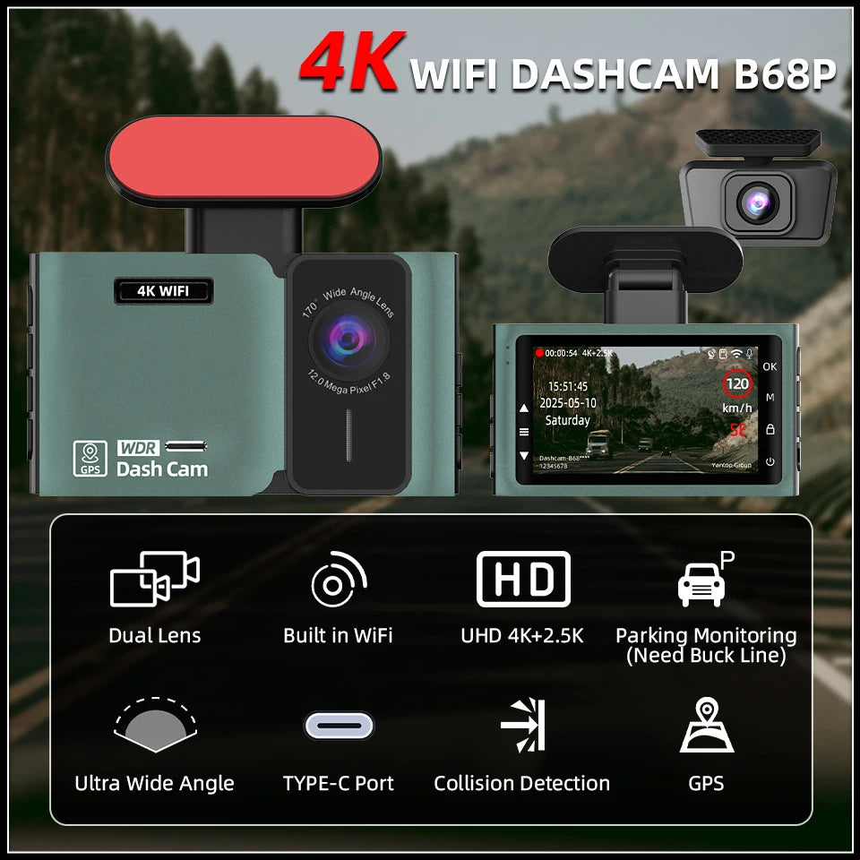 ACCEO 4K Dashcam - Front 4K Rear 2.5K Night Vision GPS