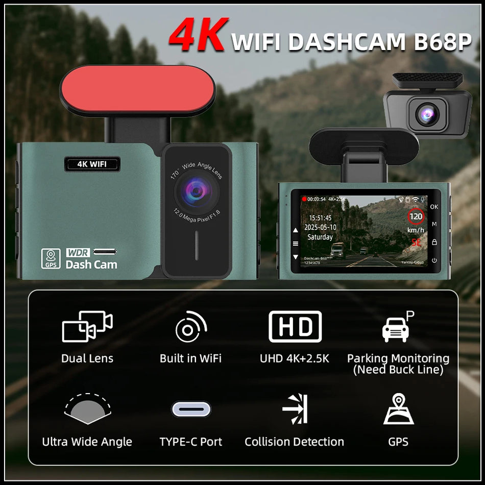 ACCEO 4K Dashcam - Front 4K Rear 2.5K Night Vision GPS