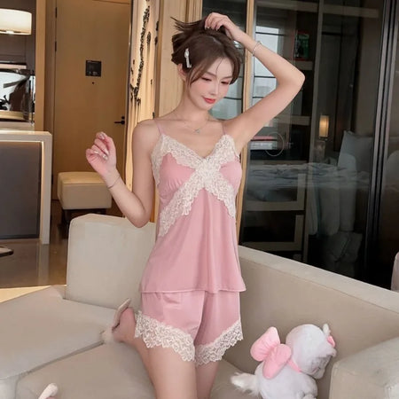 Sexy Summer Ice Silk Sleepwear Women's Set - V-neck Two-piece Nightgown