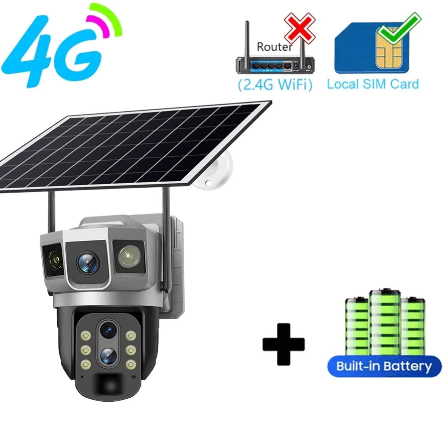 3 Lens 12MP 4G Solar CCTV Camera IP Wireless Smart Home Security Video Surveillance Solar Power Built in Battery Outdoor IP Cam 4G Cam No Card