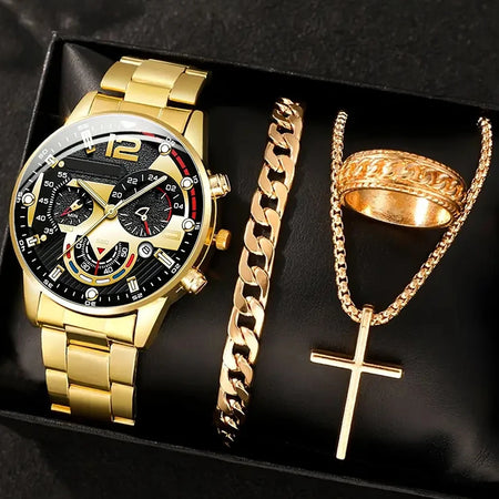 GAIETY Men's Luxury Stainless Steel Quartz Watch with Calendar Gold