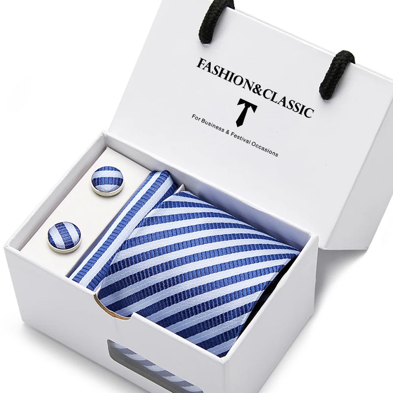 VanGise Blue Dot Tie Set with Pocket Square and Cufflinks for Men SB60