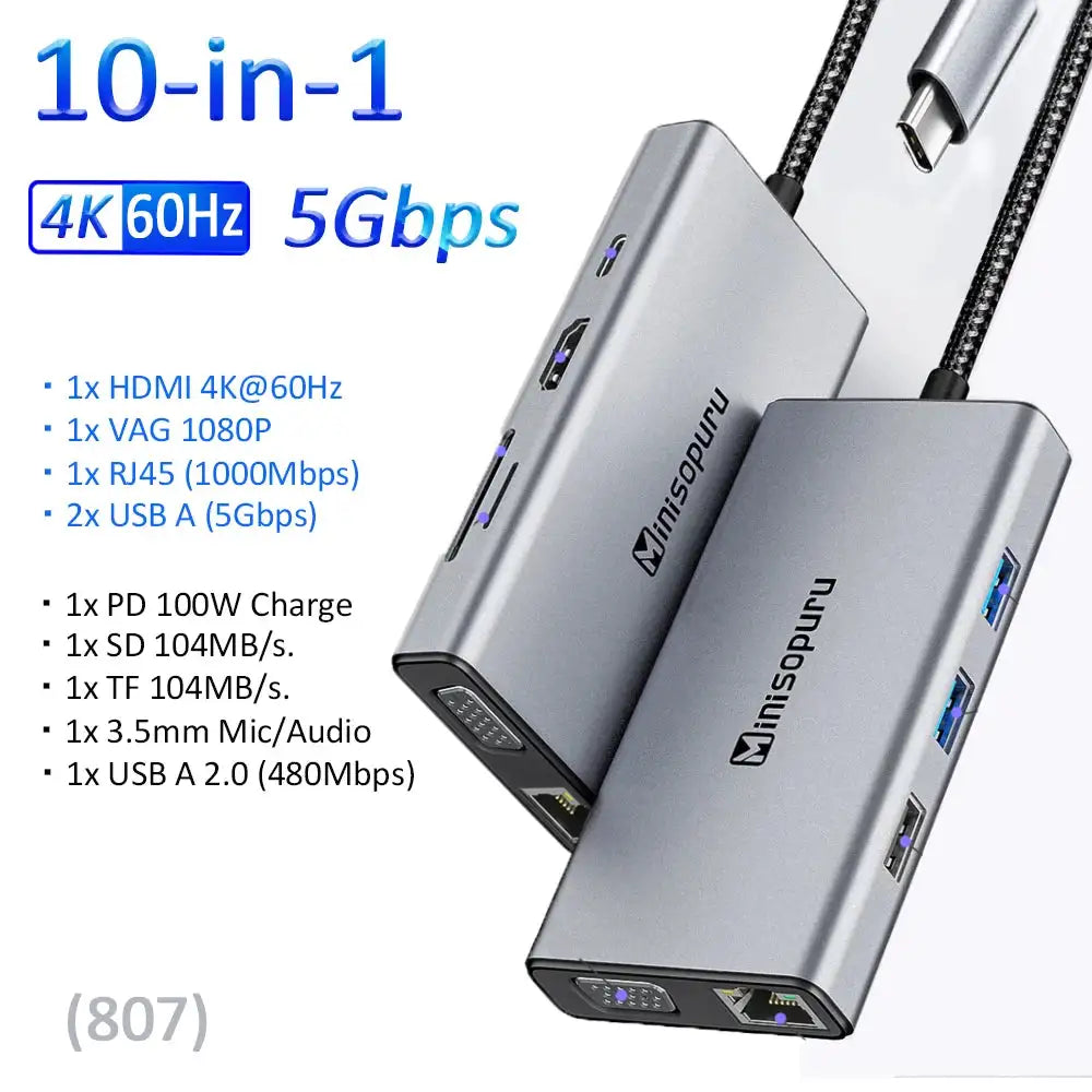 Minisopuru 10Gbps USB C Hub 100W PD For MacBook Pro iMac 10 in1-5Gbps (807)