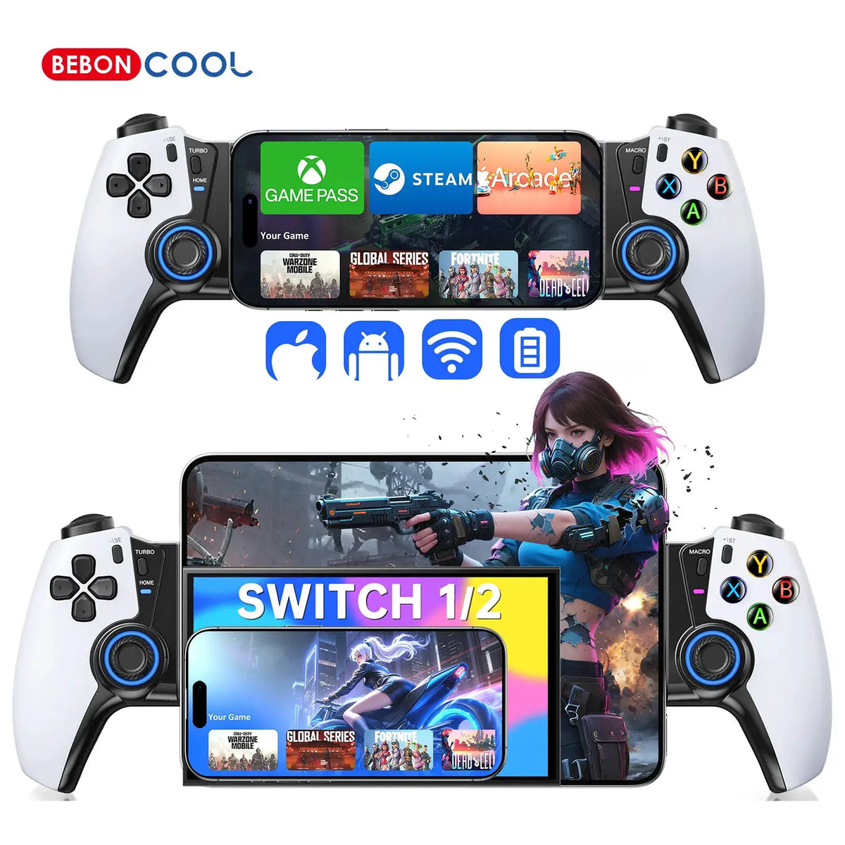 BEBONCOOL MC500/MC5000 Wireless Gamepad Hall Effect Gaming Controller for Switch/OLED/iOS/Android/iPad Mini Gamepad by InterCyprus Trading Ltd