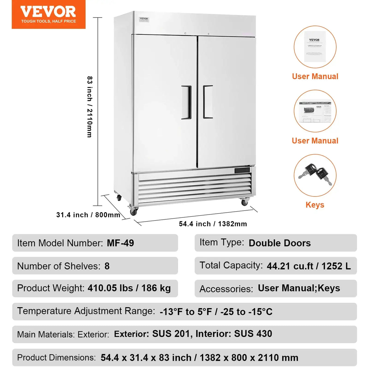 VEVOR Commercial Freezer Reach In Single Door Auto Defrost Double-door / United States