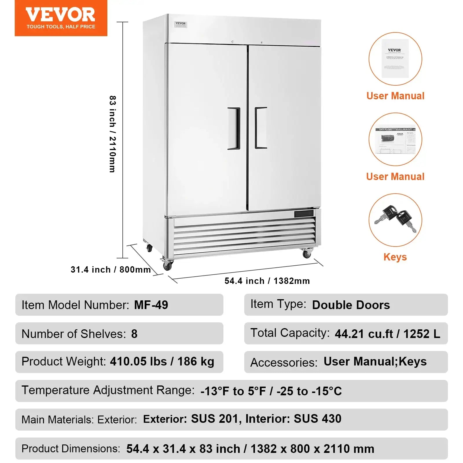 VEVOR Commercial Freezer Reach In Single Door Auto Defrost Double-door / United States