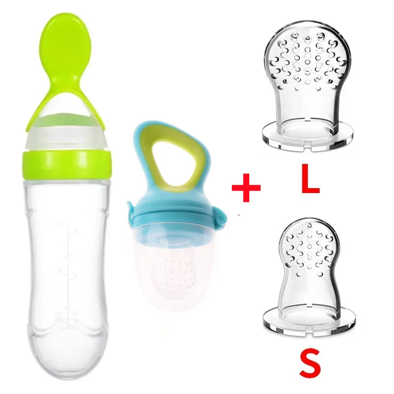 Safe Silicone Baby Feeding Spoon Bottle and Fruit Feeder Kit Green 4Pcs Set B