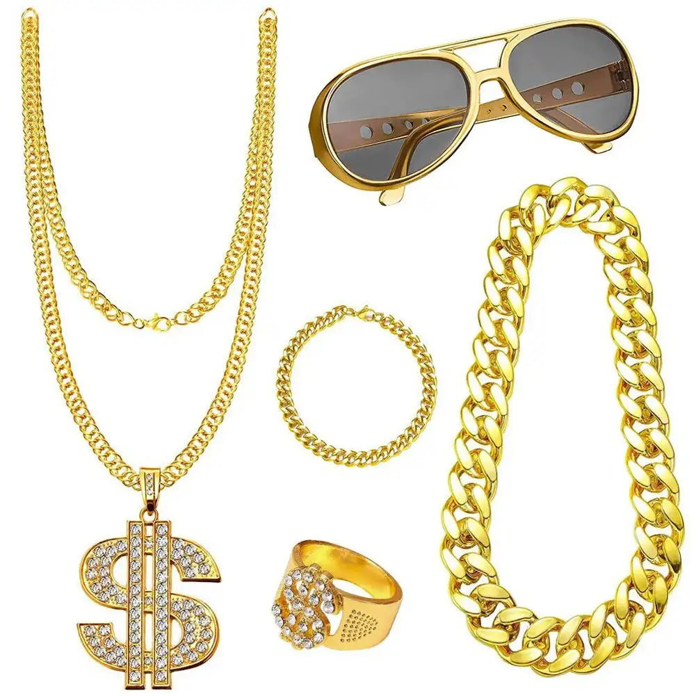 80s 90s Hip Hop Rapper Costume Set With Gold Chain Glasses One Size / 5Pcs