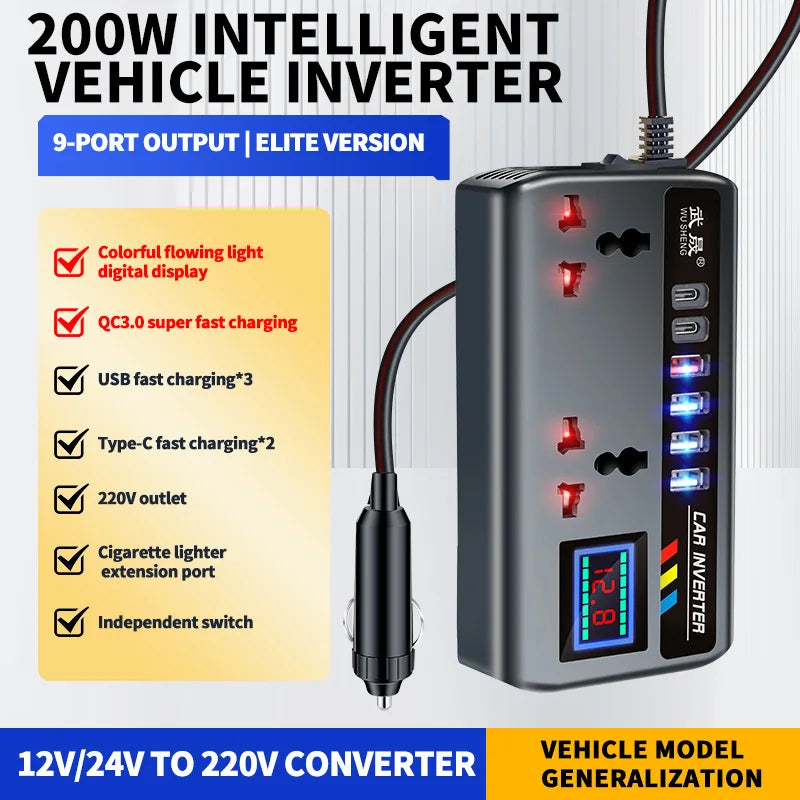 Автомобилен инвертор 12V/24V DC към 220V AC с двоен Type-C PD бърз заряден порт