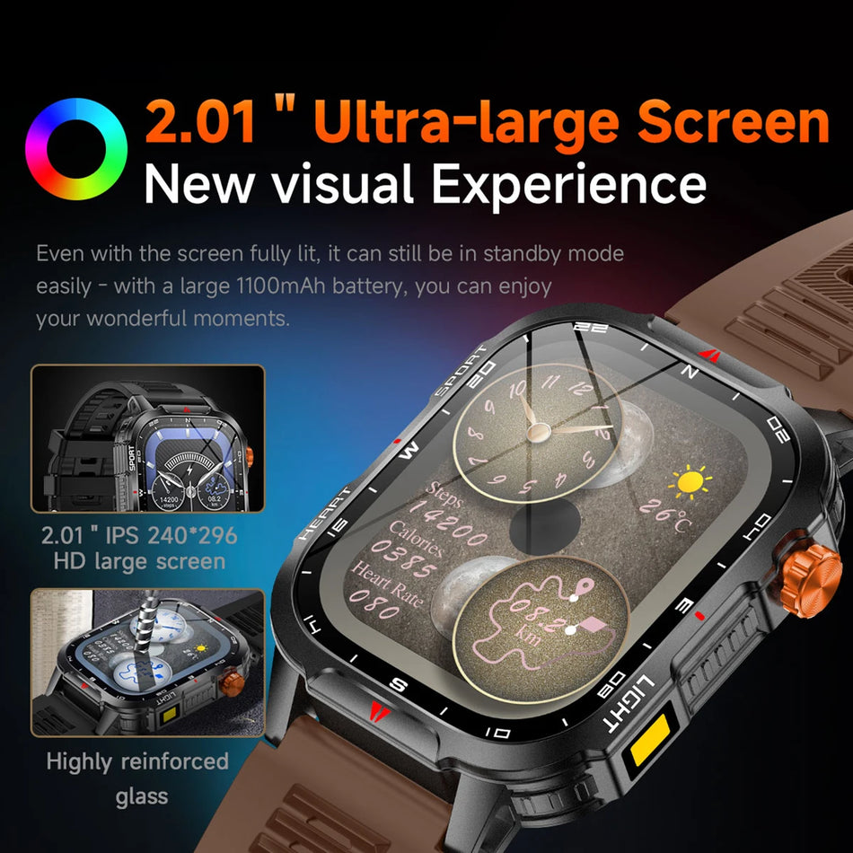 Outdoor Hiking Smartwatch With 2.01-Inch Screen, 1100mAh Battery, IP68 Compass