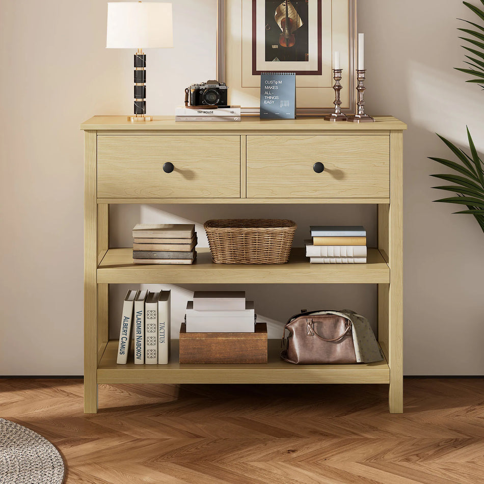 Masă de consolă din lemn îngust retro cu sertare și rafturi